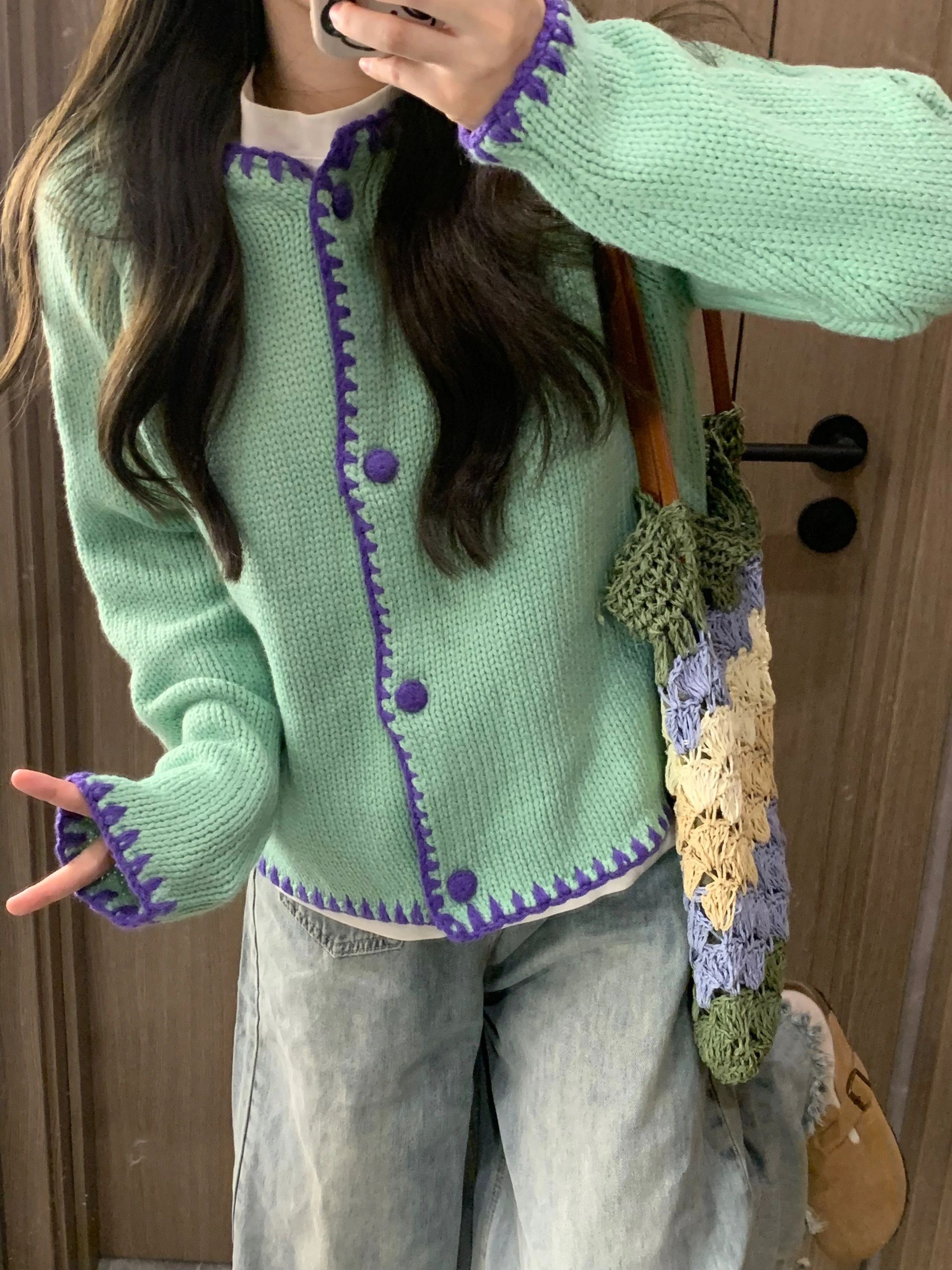 韩系温柔薄荷绿针织衫女秋季新款设计感小众毛衣外套长袖开衫上衣