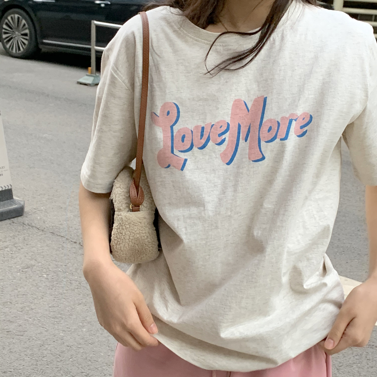 Pink letter print simple round neck casual loose short sleeve T-shirt for women