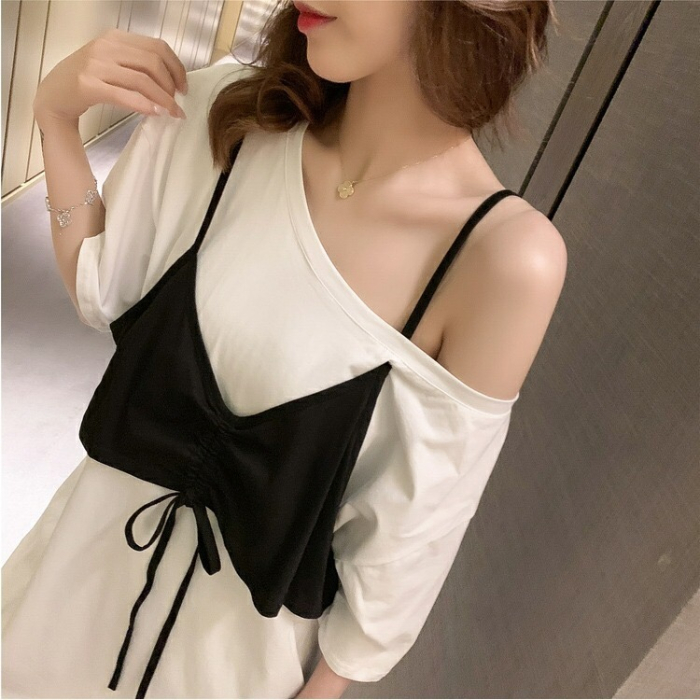 Cotton in summer chic Hong Kong Style Vintage loose and off shoulder fake two short sleeve medium long T-shirt dress trend