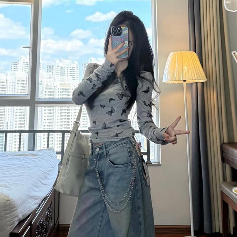 *Autumn and spring gray bow shoulder printed long-sleeved sun protection T-shirt women's chic hot girl short top