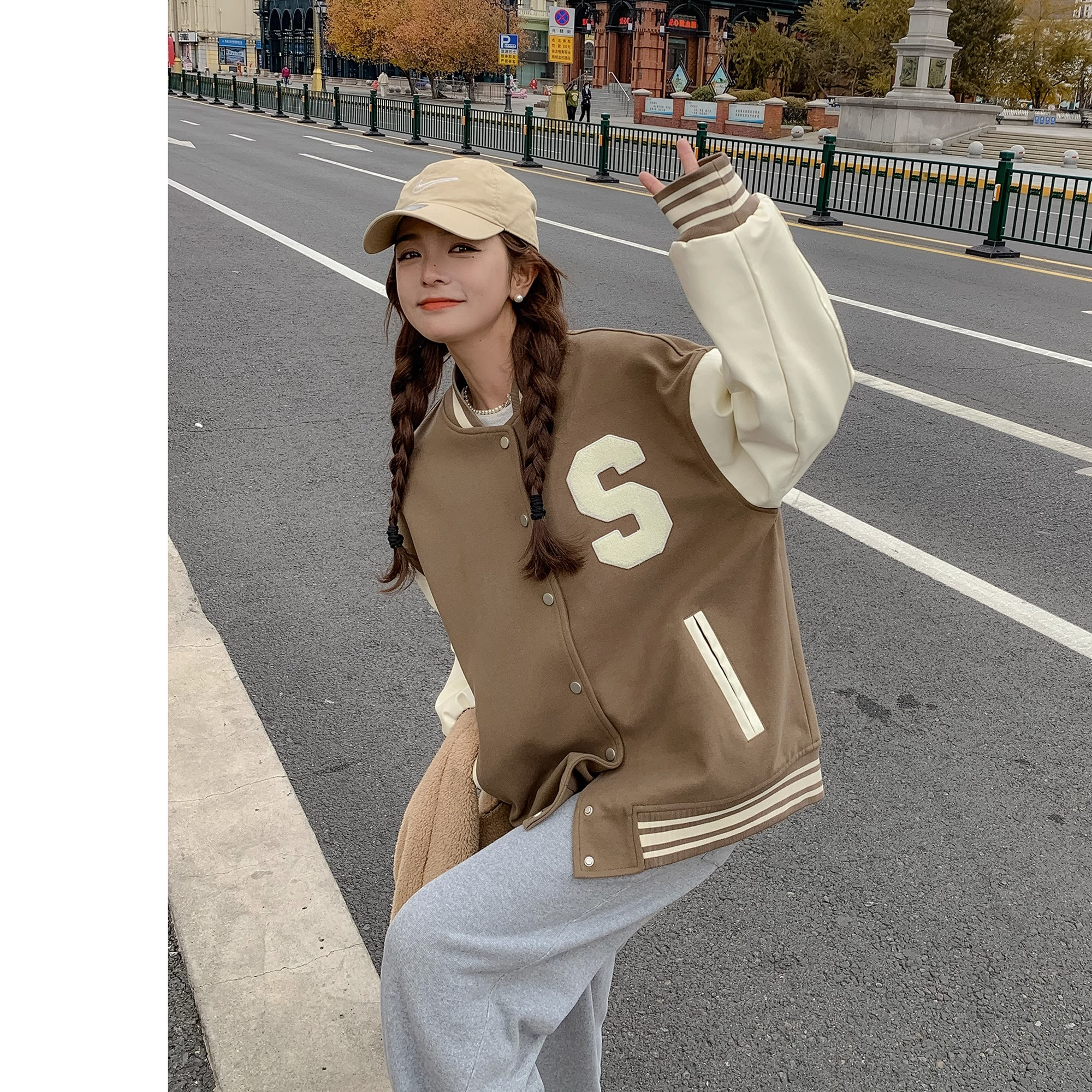 *Towel embroidered baseball uniform for women in autumn and winter new style loose American all-match Harajuku Japanese style jacket loose coat trendy