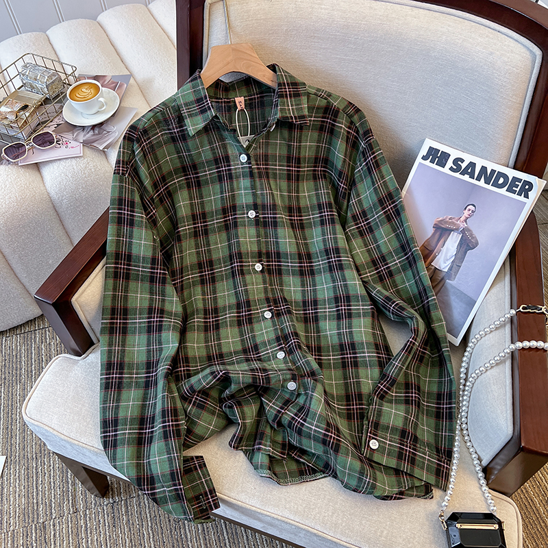 Actual shot#Retro Green Plaid Long Sleeve Shirt Women's Spring and Autumn Lazy Style Loose Layered Design Jacket Top