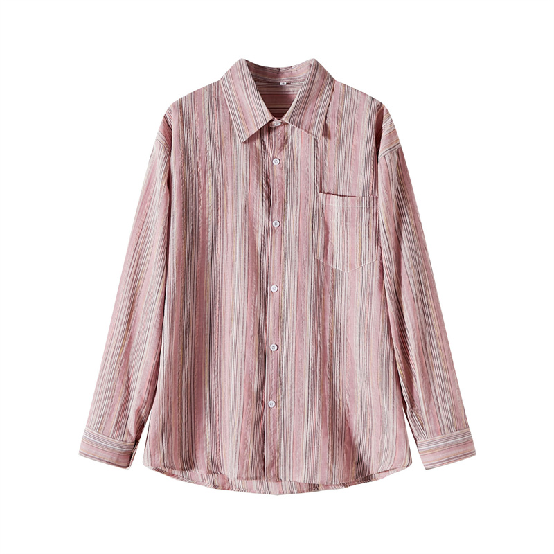 [Real shot] Original style lazy style pink loose striped shirt for women summer  thin design long sleeves