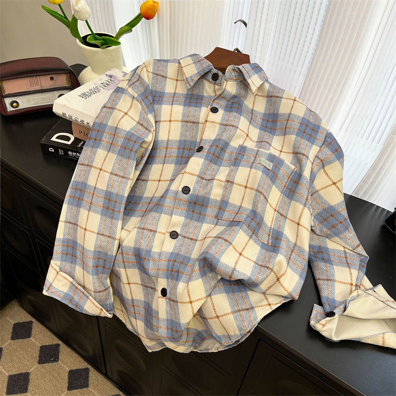 Real shot [original woolen fabric] Spring and Autumn blue long-sleeved plaid shirt for women  new retro Hong Kong style jacket