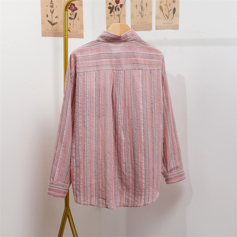 [Real shot] Original style lazy style pink loose striped shirt for women summer  thin design long sleeves