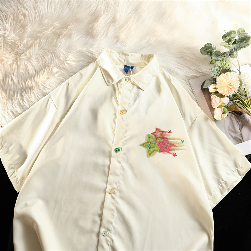 Real shot (TR fabric 30% cotton) Japanese trendy brand graffiti star foam printed short-sleeved shirt women's summer loose shirt