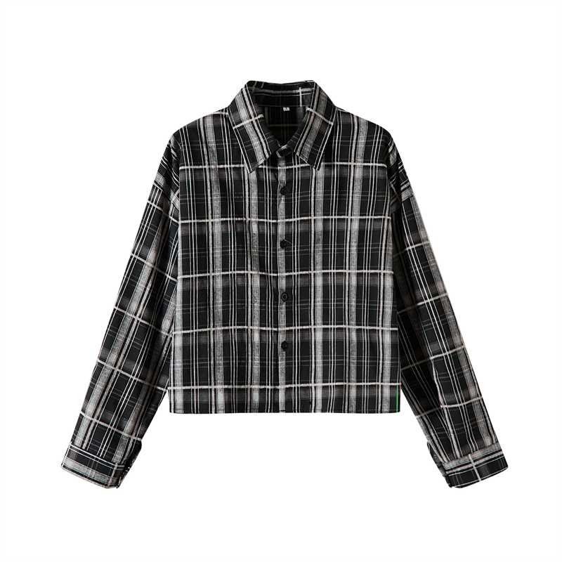 [Real shot] French salt style high-end long-sleeved plaid shirt for women, chic and beautiful short top niche design