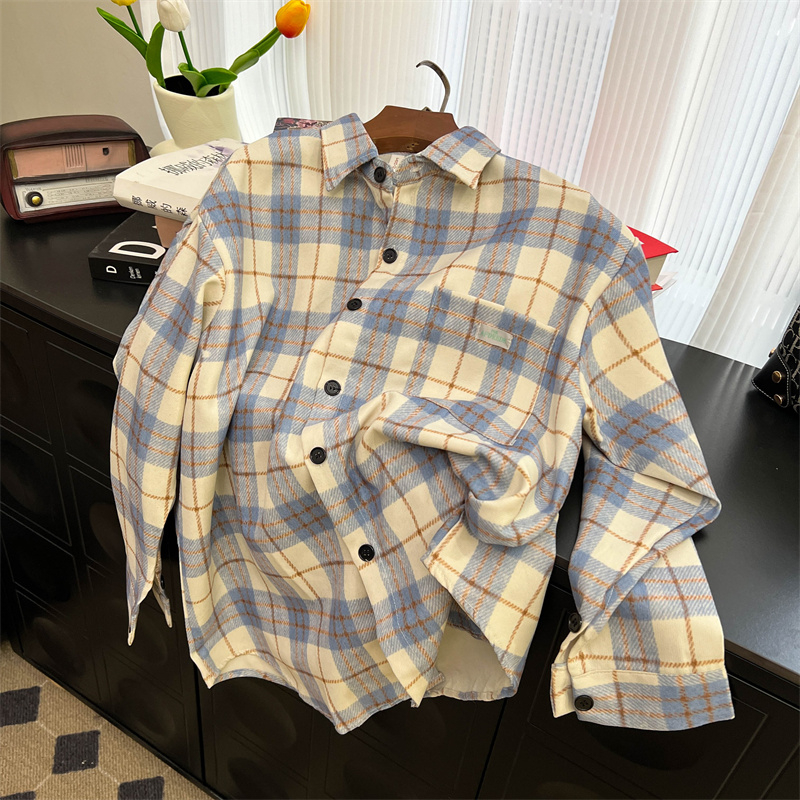 Real shot [original woolen fabric] Spring and Autumn blue long-sleeved plaid shirt for women  new retro Hong Kong style jacket