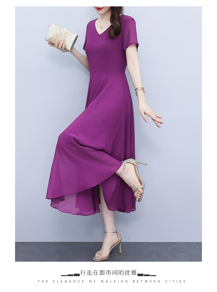 紫色长款大摆收腰连衣裙女2024年夏季新款显瘦淑女度假雪纺长裙子