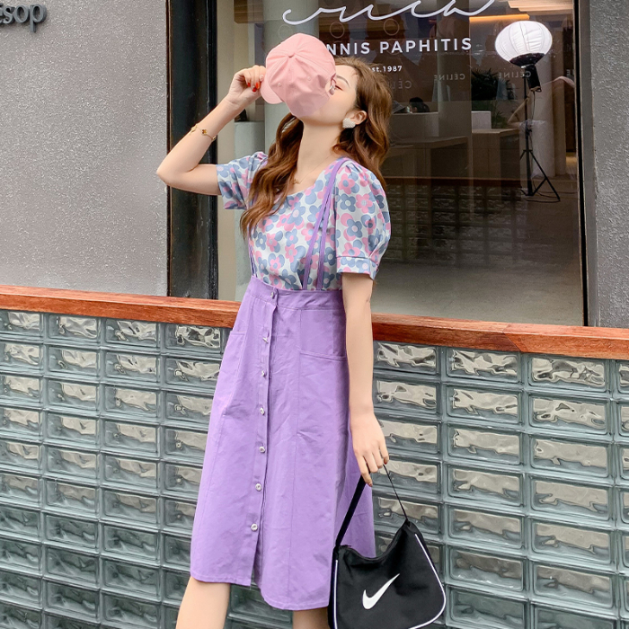 紫色半身裙女春2020年夏季新款韩版a字高腰包臀短裙背带裙中长款