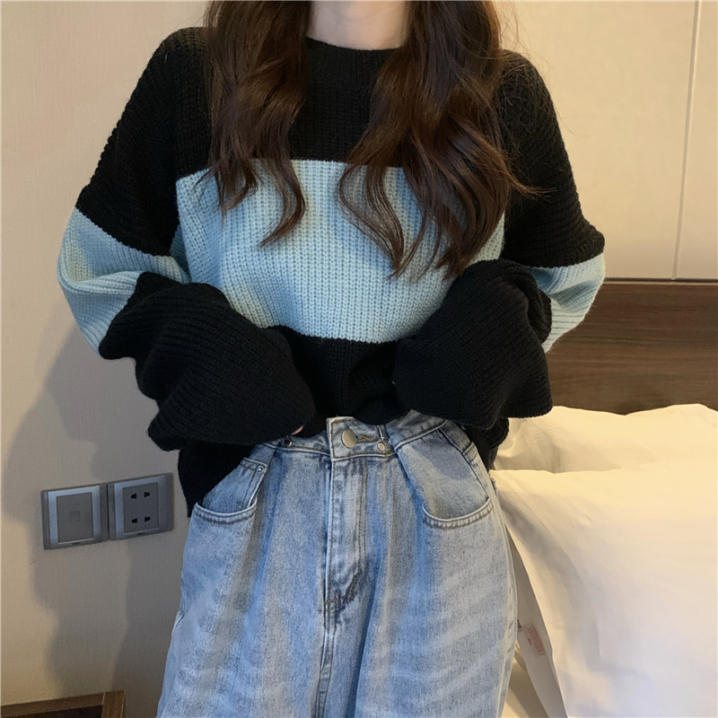 Striped short sweater women's new style sweater long sleeve loose outer wear lazy Pullover Top thin