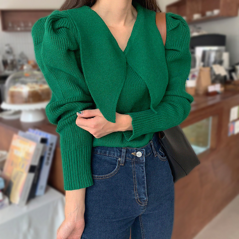 Large lapel bubble sleeve design feeling slim long sleeve knitted top foreign style with bottom sweater for women in autumn and winter