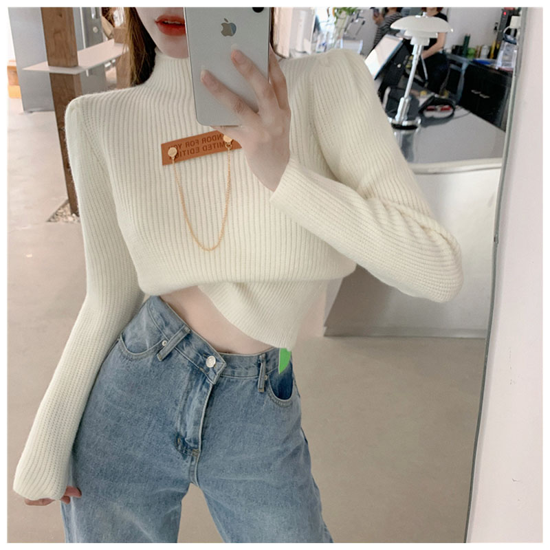 Long sleeved pink sweater women's autumn new fashion half high collar bottomed Shirt Short sweater outside in autumn and winter
