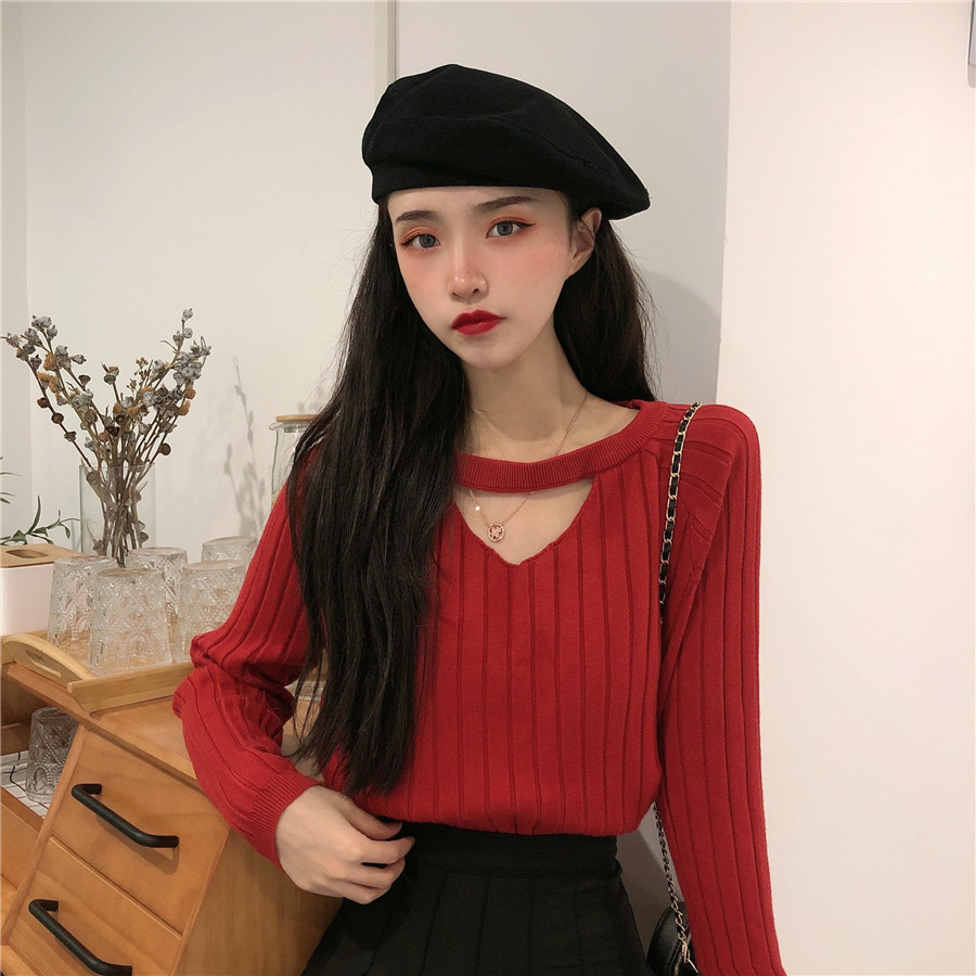 Gentle Japanese thickened short sweater with skirt foreign style autumn and winter sweater female V Neck Long Sleeve bottomed top