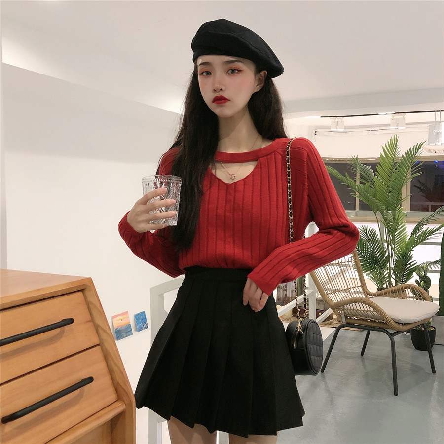 Gentle Japanese thickened short sweater with skirt foreign style autumn and winter sweater female V Neck Long Sleeve bottomed top