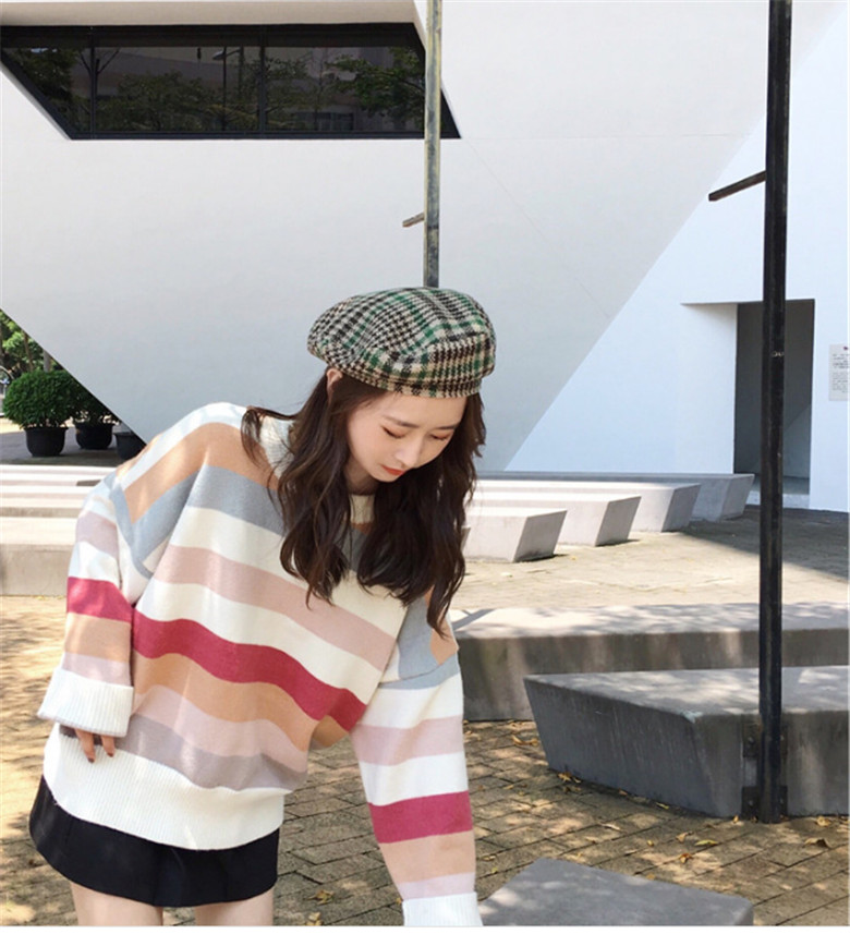 Spring and autumn Korean new loose lazy style top long sleeve color stripe sweater thin sweater