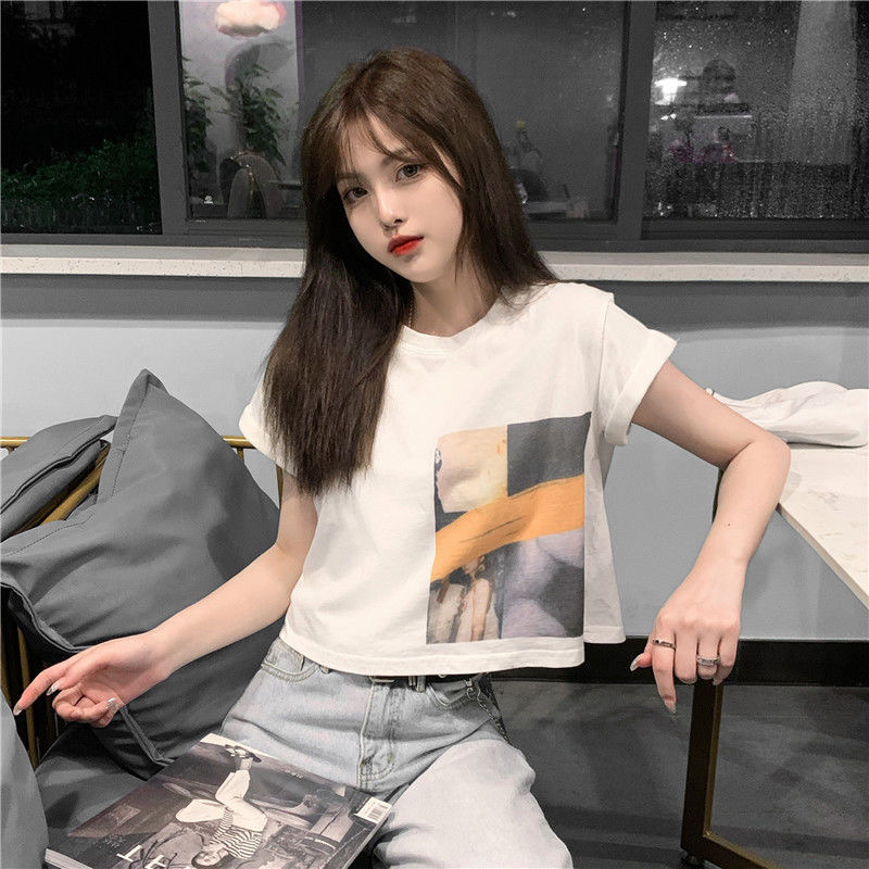 Shrimp skin hot selling 26 thread count pure cotton net red short sleeved T-shirt women's top short style Student Korean version loose summer secret exposed umbilicus