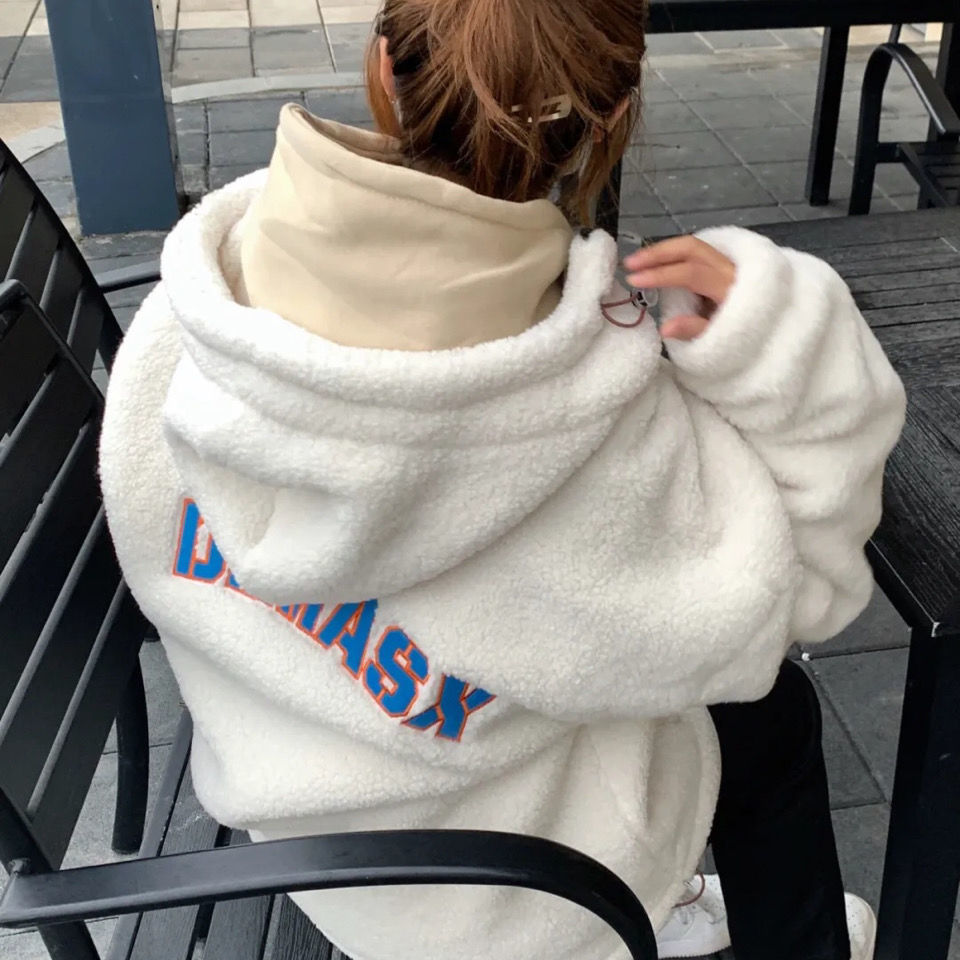 Lamb wool cotton padded jacket female winter Korean version loose student Plush thickened cotton padded jacket jacket