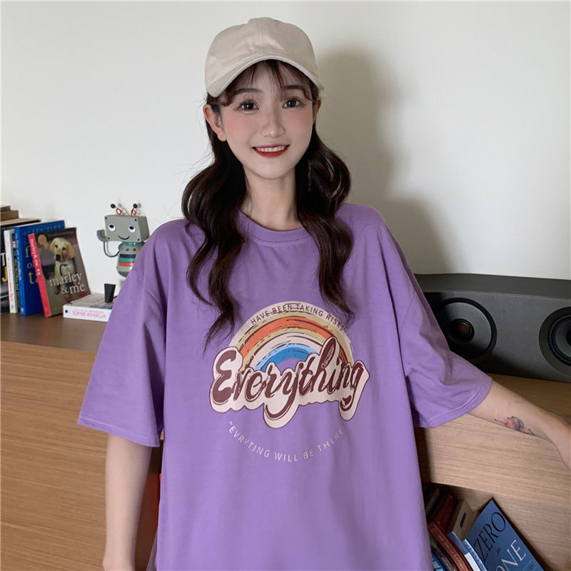 2021 summer T-shirt girl short sleeve student lazy print medium long T-shirt girl