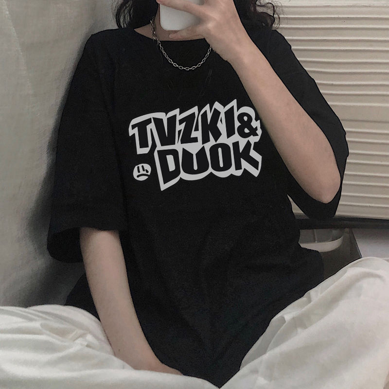 2021 summer T-shirt girl short sleeve student lazy print medium long T-shirt girl
