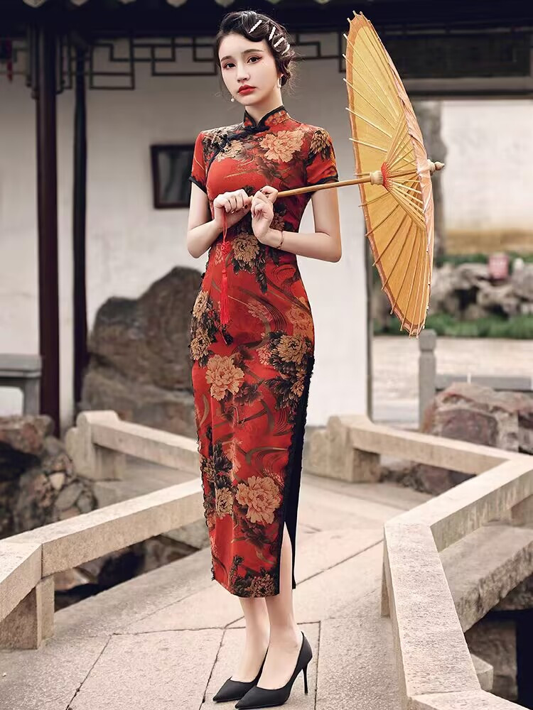 夏季短袖复古中国风碎花旗袍礼服妈妈装显瘦遮肚开叉包臀气质长裙