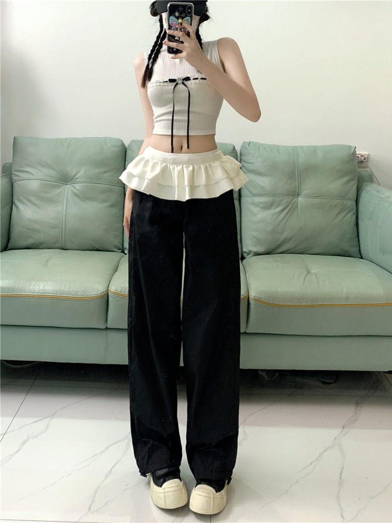 Puff skirt spliced ​​windproof loose airy sweatpants culottes butt curtain small sweet style pleated waist skirt for women