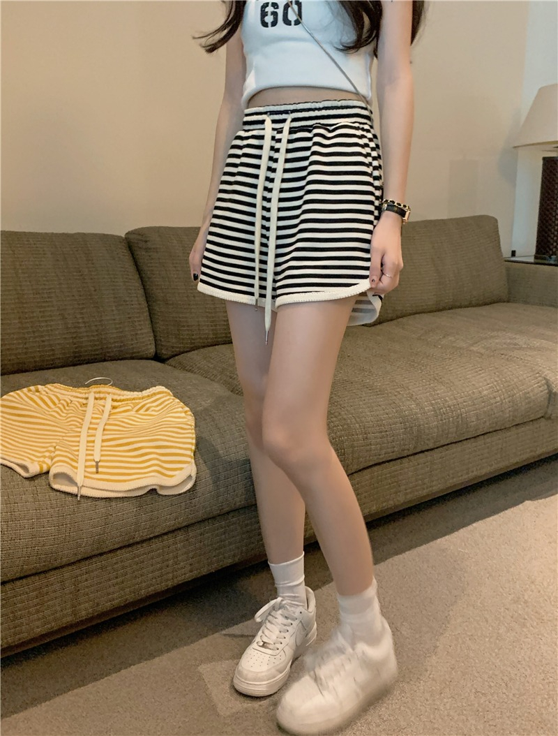 [Original yarn-dyed pique] Contrast color striped elastic waist drawstring casual pants for women summer loose straight pants shorts