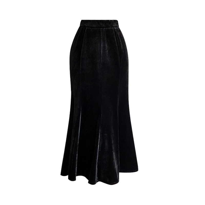 Skirt  autumn and winter simple velvet skirt temperament fishtail skirt mid-length black slimming skirt hip-covering skirt