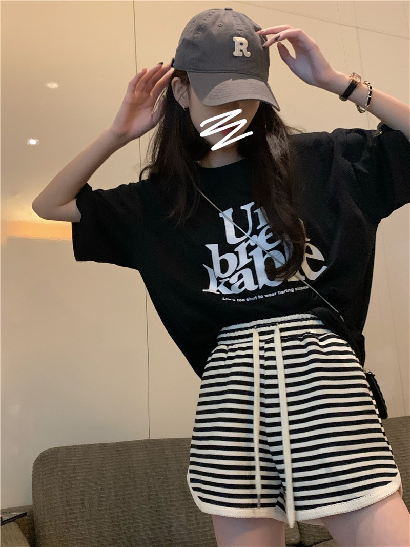 [Original yarn-dyed pique] Contrast color striped elastic waist drawstring casual pants for women summer loose straight pants shorts