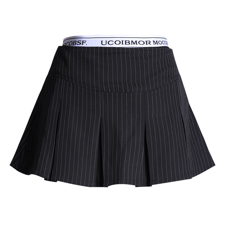 Korean Treasure Hot Girl Fake Two Piece Letter Ribbon Striped Skirt Women's Summer Striped Pleated Low Waist Short Skirt