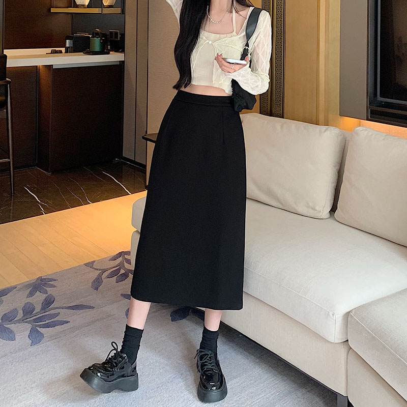 [450g] Autumn and winter woolen high-waisted skirt for women, versatile back slit, hip-covering A-line mid-length skirt