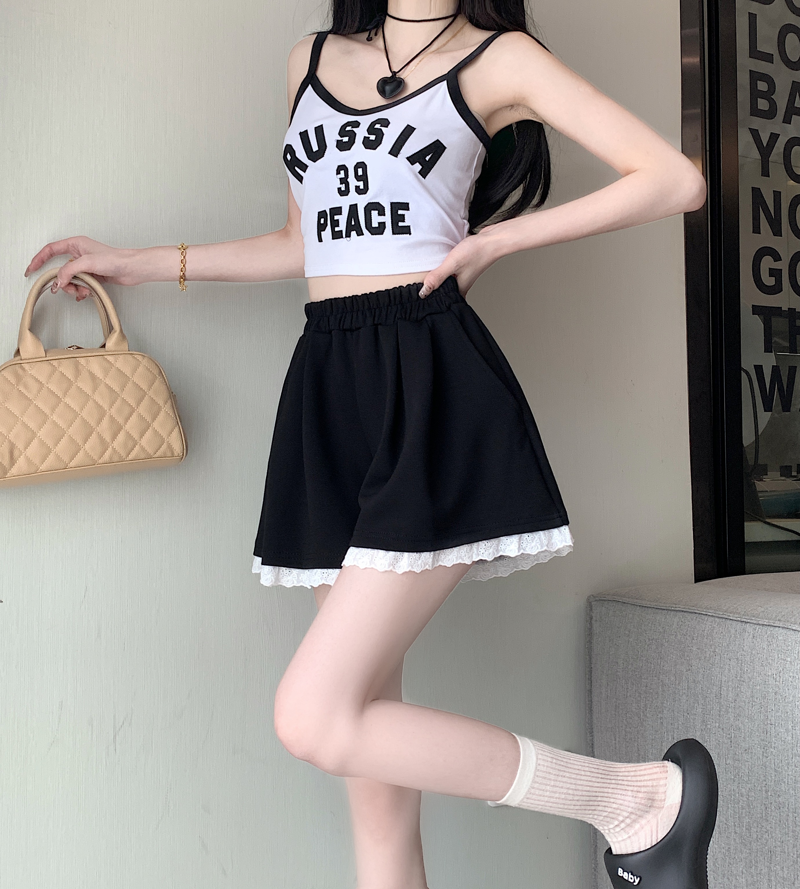 Korean lace spliced ​​elastic high-waisted wide-leg pants for women, casual and versatile shorts