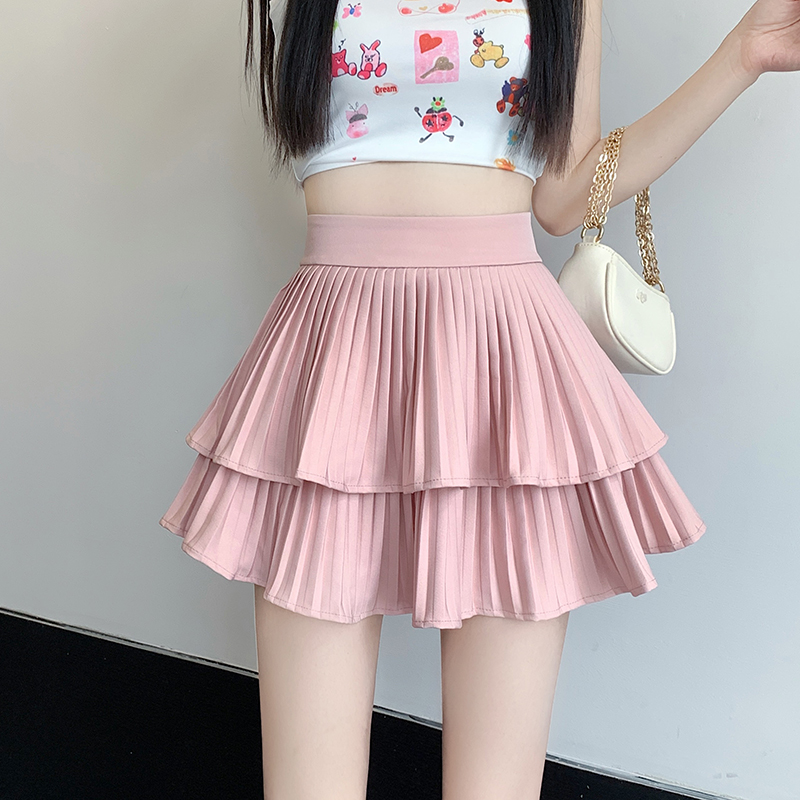  Spring and Summer Pleated Ruffle Skirt Women's Solid Color High Waist Cake Skirt A-Line Slim Puff Short Skirt