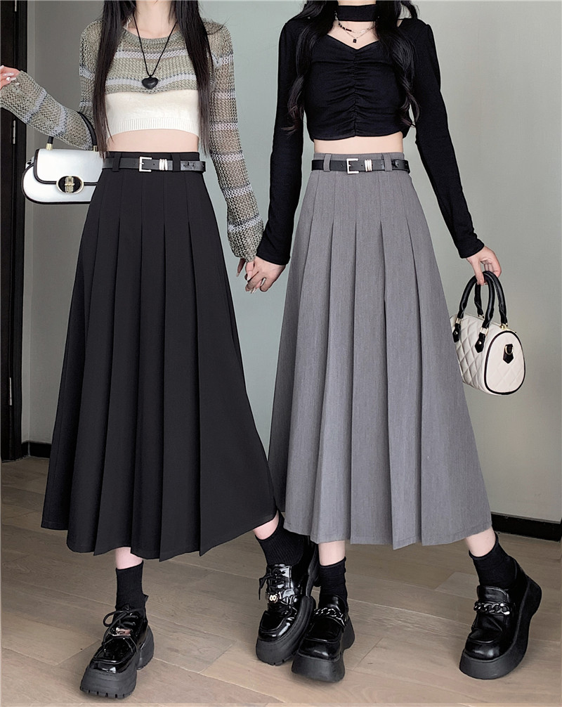 Gray suit skirt for women  autumn mid-length pleated high-waisted slim and drapey A-line long skirt