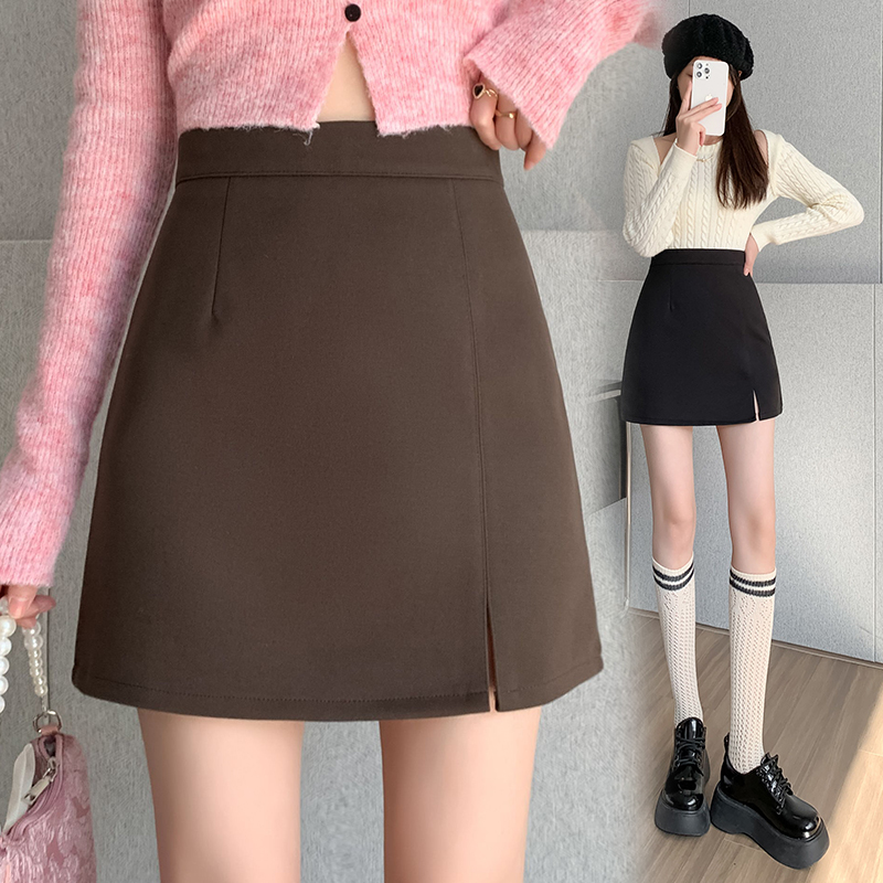 Woolen skirt women's autumn and winter  new Korean version high-waisted slimming one-step skirt hip-covering A-line skirt large size short skirt