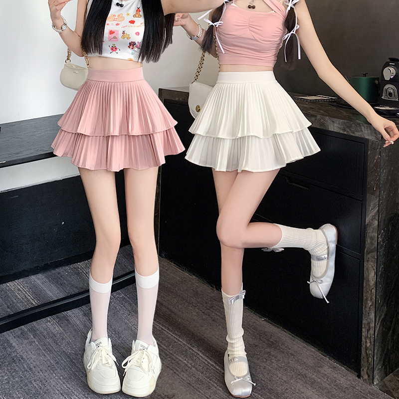  Spring and Summer Pleated Ruffle Skirt Women's Solid Color High Waist Cake Skirt A-Line Slim Puff Short Skirt