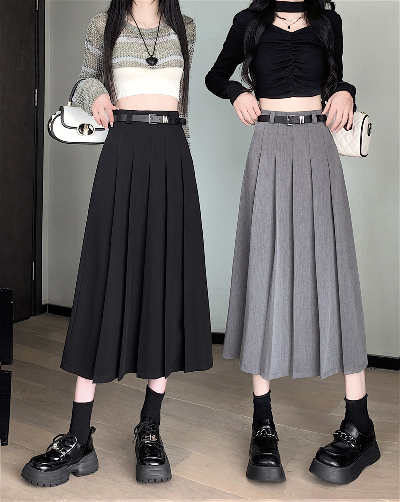 Gray suit skirt for women  autumn mid-length pleated high-waisted slim and drapey A-line long skirt