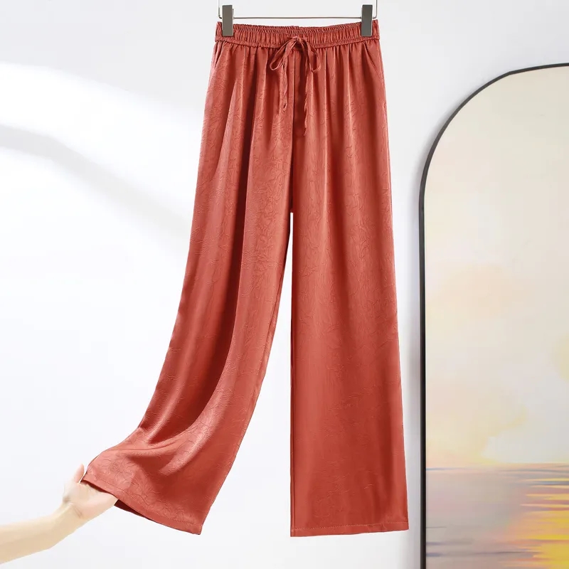 Mulberry silk jacquard double-sided wrinkled gold label solid satin middle-aged high-waist Xiangyun yarn narrow version straight wide-leg pants