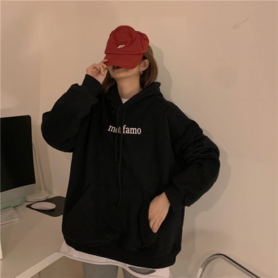Autumn and winter Korean version new hooded loose letter printing Plush thickened Pink Long Sleeved sweater women's wear