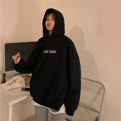 Autumn and winter Korean version new hooded loose letter printing Plush thickened Pink Long Sleeved sweater women's wear