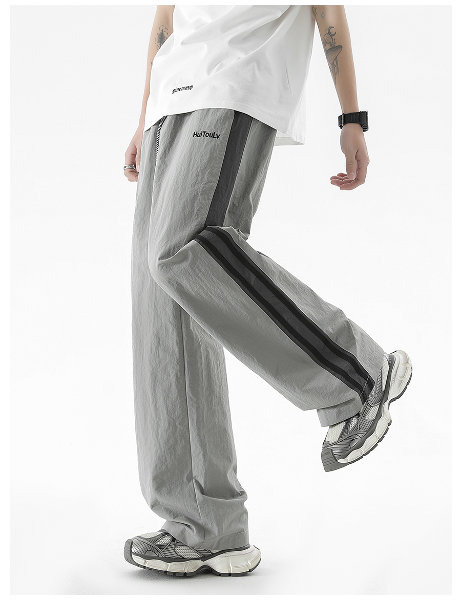 速干裤子女夏季美式潮牌宽松直筒长裤薄款灰色条纹休闲运动裤 