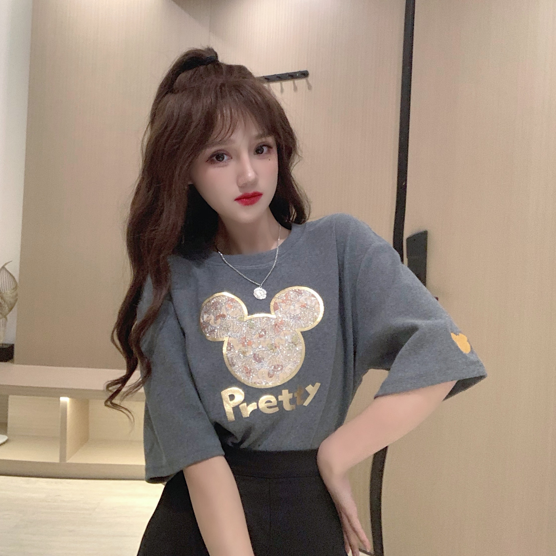 [market price] Short Sleeve T-Shirt women's summer 2021 new Korean version loose Mickey Harajuku mid long top fashion