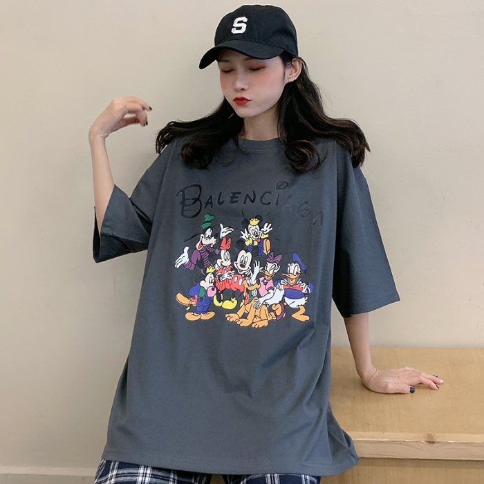 [market price] net Hong Kong Style Round Neck Pullover short sleeve T-shirt women's Korean version loose and thin Mickey pattern top fashion