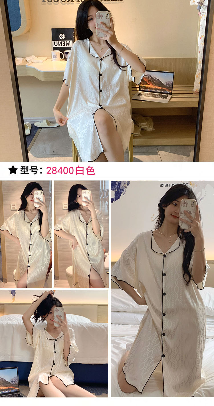 28400#夏季新款提花冰丝睡裙女短袖薄款开衫小翻领丝绸家居服长裙 - 17网