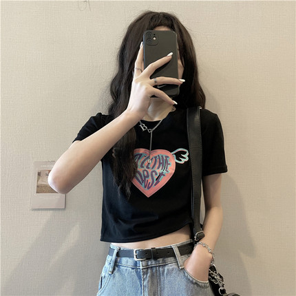 辣妹T恤夏季韩版新款爱心印花修身显瘦短款小心机短袖上衣女
