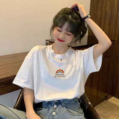 Summer new Korean rainbow print T-shirt women's round neck short sleeve loose half sleeve white top women's fashion
