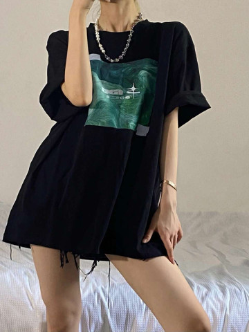 European and American retro T-shirt women's short sleeve summer sweet cool loose half sleeve design sense of minority black top women's fashion