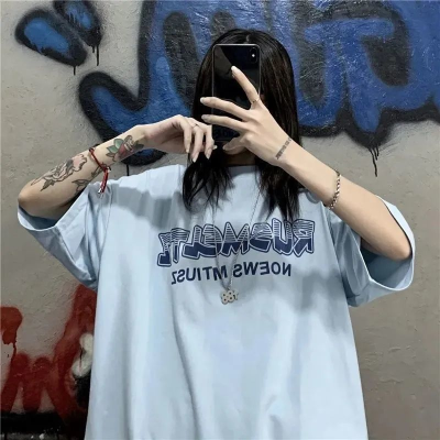 Official picture South Korea ins summer high street harbor style blue letter printing loose couple short sleeve t-shirt men and women