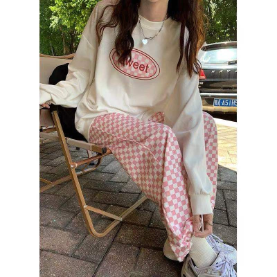 New round neck Pullover women's sweater women's small loose printed thin long sleeved top women
