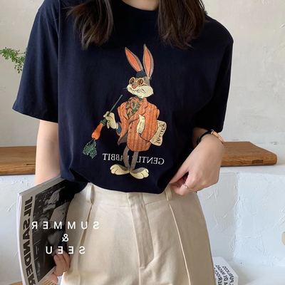 Seeu South Korean summer new ins Mr. rabbit short sleeve loose make old cartoon half sleeve T-shirt girl
